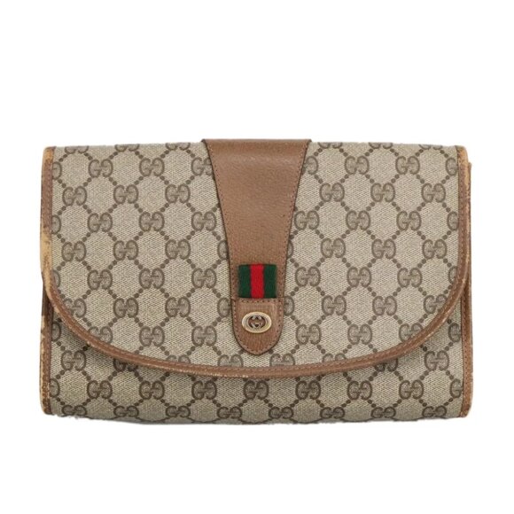 GUCCI GG Supreme Web Sherry Line Clutch Bag PVC Beige Red - Picture 1 of 15